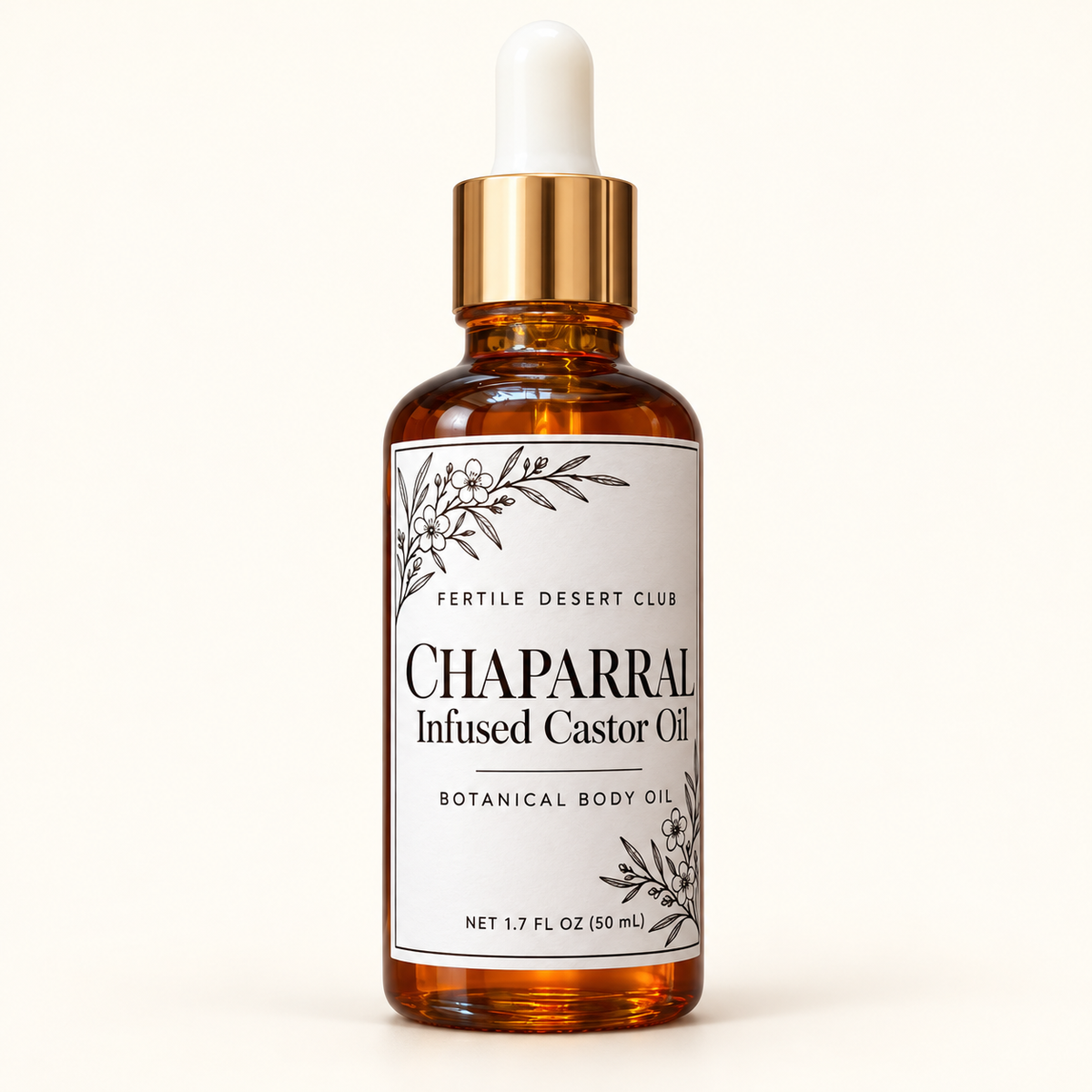 Fertile Desert Club chaparral-infused castor oil in a 1.7 ounce amber glass dropper bottle